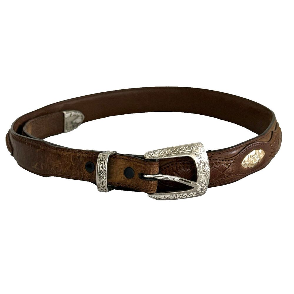 Vtg Western Women's Tooled Leather Belt Silver Buckle Gold Accents Size 34